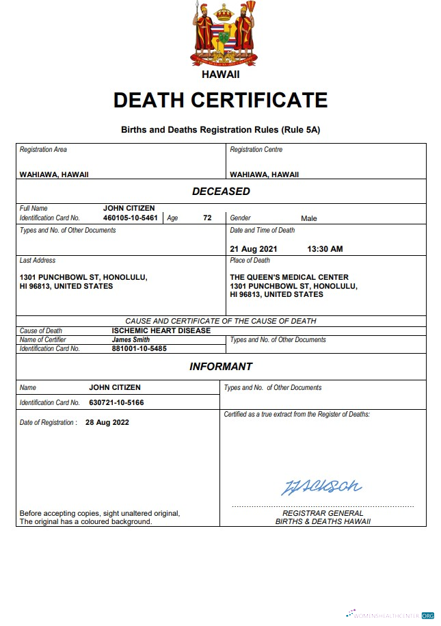 Download Hawaii death certificate Word and PDF template Photoshop template